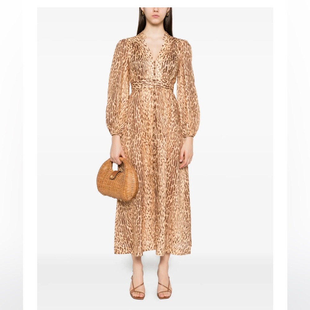 Final ZIMMERMANN Cascadian Leopard Print  Linen Long Sleeves Dress Au2 US8